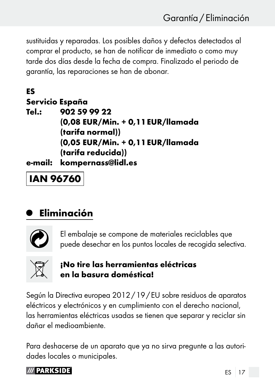 Garantía / eliminación, Eliminación, Asistencia / garantía | Parkside PGG 15 B1 User Manual | Page 17 / 83