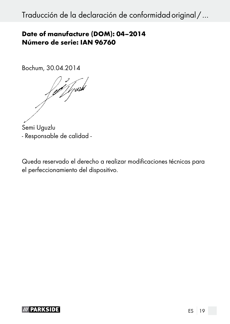 Traducción de la declaración de … / fabricante | Parkside PGG 15 B1 User Manual | Page 19 / 83