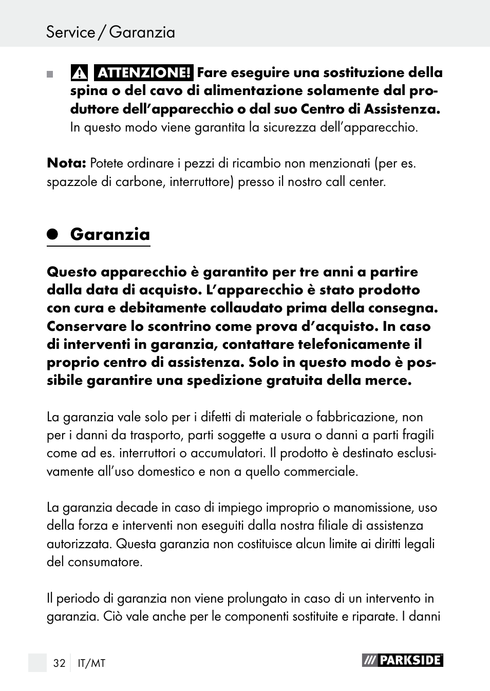 Garanzia / smaltimento service / garanzia, Garanzia | Parkside PGG 15 B1 User Manual | Page 32 / 83