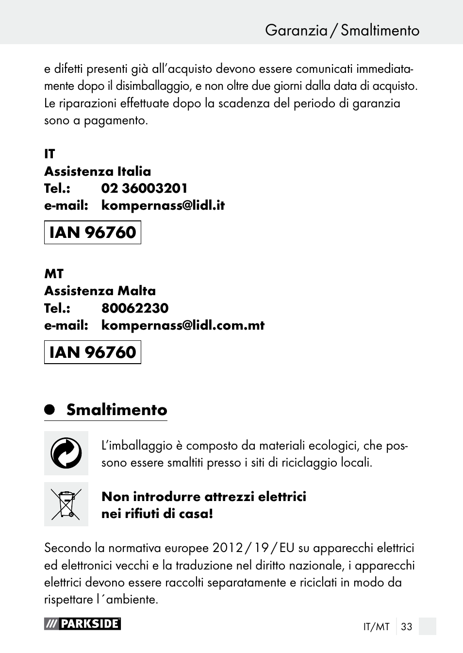 Garanzia / smaltimento service / garanzia, Smaltimento | Parkside PGG 15 B1 User Manual | Page 33 / 83