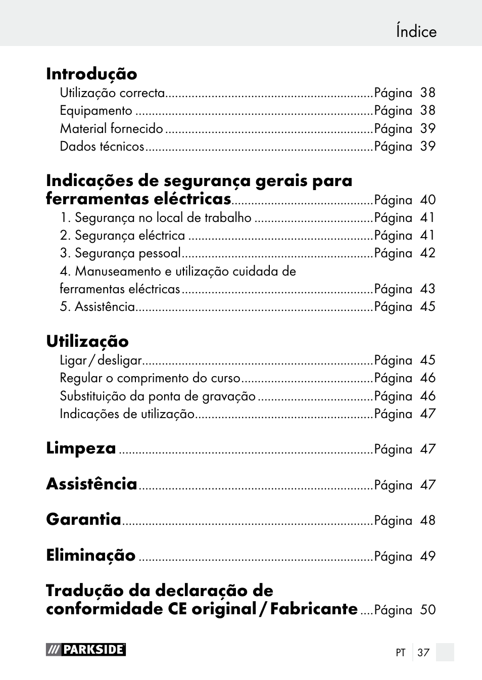Índice introdução, Utilização, Limpeza | Assistência, Garantia, Eliminação | Parkside PGG 15 B1 User Manual | Page 37 / 83