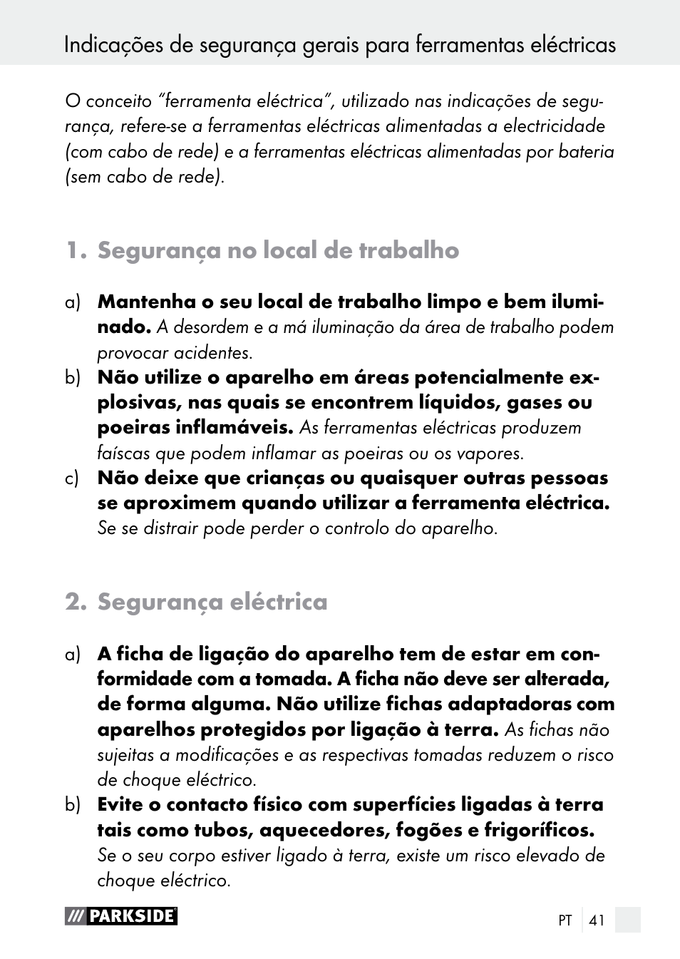 Segurança no local de trabalho, Segurança eléctrica | Parkside PGG 15 B1 User Manual | Page 41 / 83