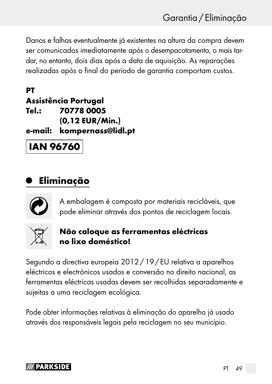Garantia / eliminação assistência / garantia, Eliminação | Parkside PGG 15 B1 User Manual | Page 49 / 83