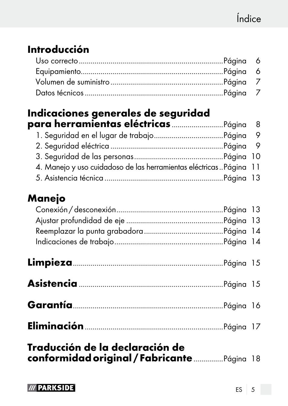Índice introducción, Manejo, Limpieza | Asistencia, Garantía, Eliminación | Parkside PGG 15 B1 User Manual | Page 5 / 83