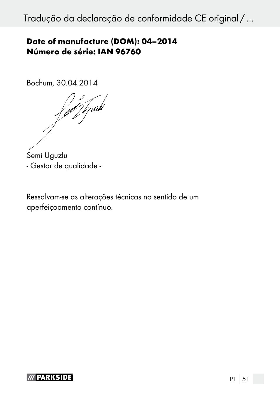 Tradução da declaração de conformidade ce original | Parkside PGG 15 B1 User Manual | Page 51 / 83