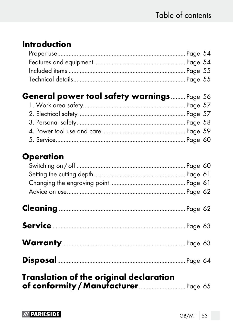 Table of contents introduction, General power tool safety warnings, Operation | Cleaning, Service, Warranty, Disposal | Parkside PGG 15 B1 User Manual | Page 53 / 83