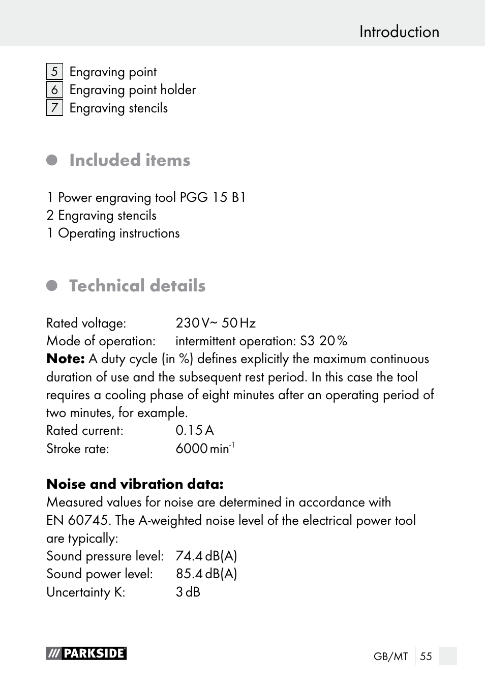 Introduction, Included items, Technical details | Parkside PGG 15 B1 User Manual | Page 55 / 83