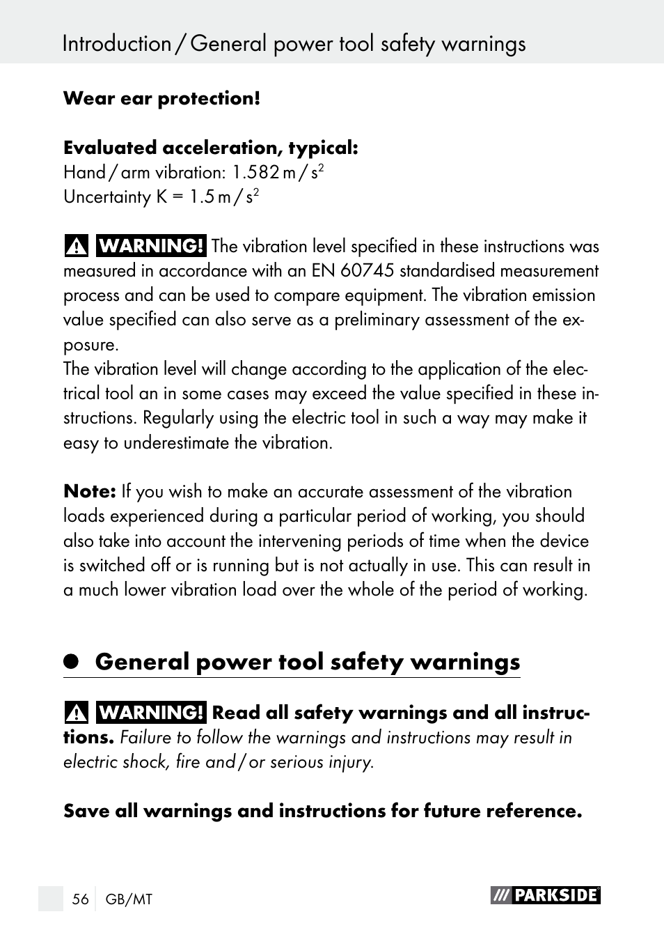 General power tool safety warnings | Parkside PGG 15 B1 User Manual | Page 56 / 83