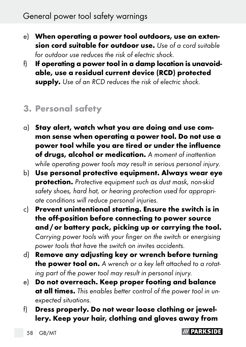 General power tool safety warnings, Personal safety | Parkside PGG 15 B1 User Manual | Page 58 / 83