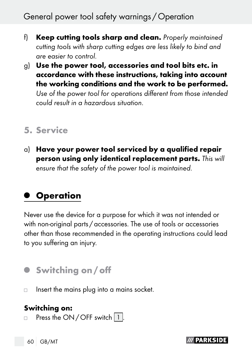 Service, Operation, Switching on / off | Parkside PGG 15 B1 User Manual | Page 60 / 83