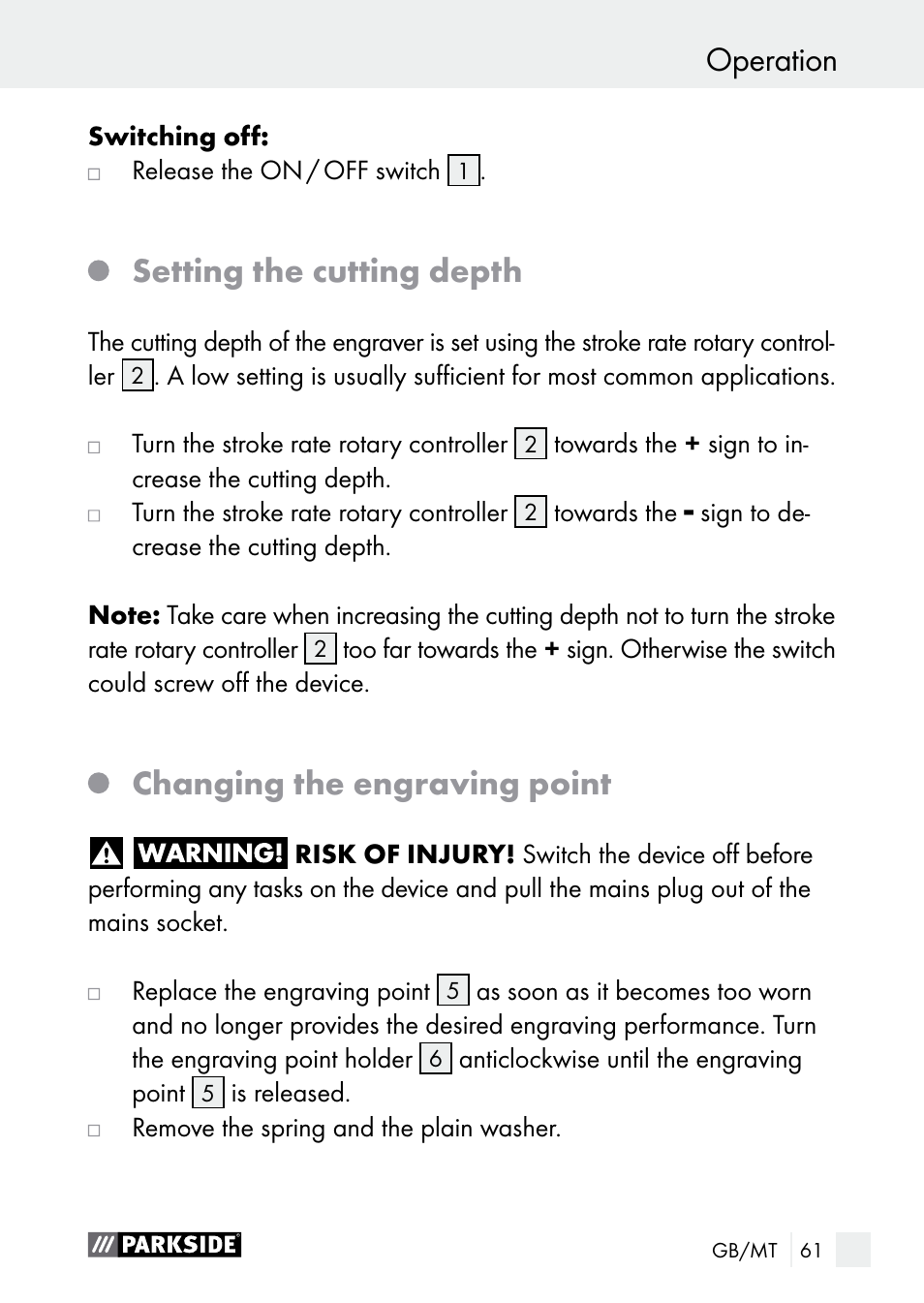 Setting the cutting depth, Changing the engraving point | Parkside PGG 15 B1 User Manual | Page 61 / 83