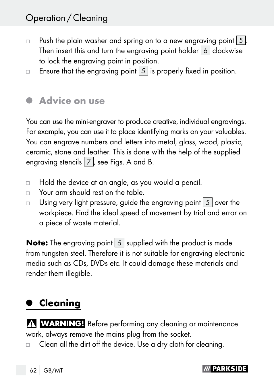 Service / warranty operation / cleaning, Advice on use, Cleaning | Parkside PGG 15 B1 User Manual | Page 62 / 83