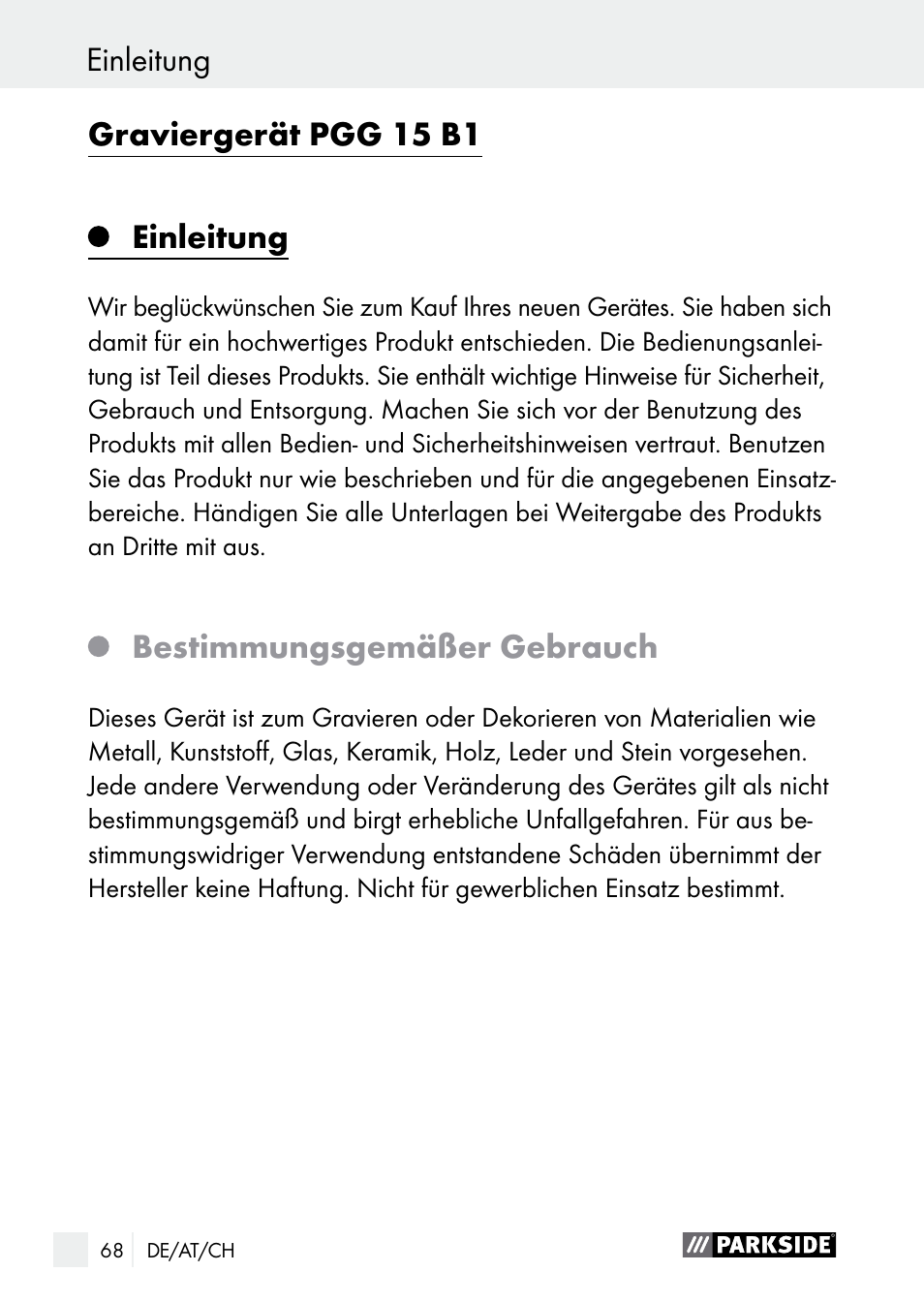 Einleitung graviergerät pgg 15 b1, Einleitung, Bestimmungsgemäßer gebrauch | Parkside PGG 15 B1 User Manual | Page 68 / 83