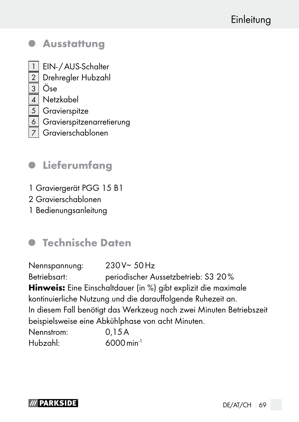 Einleitung, Ausstattung, Lieferumfang | Technische daten | Parkside PGG 15 B1 User Manual | Page 69 / 83
