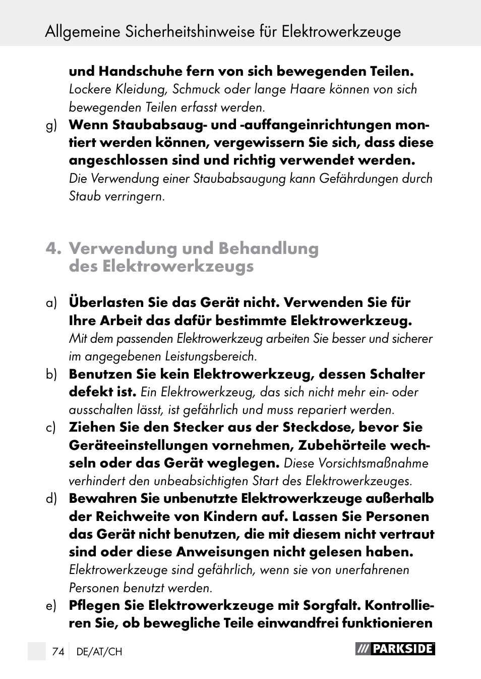 Verwendung und behandlung des elektrowerkzeugs | Parkside PGG 15 B1 User Manual | Page 74 / 83