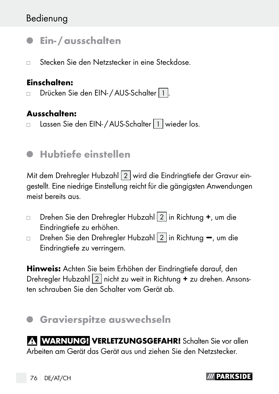 Ein- / ausschalten, Hubtiefe einstellen, Gravierspitze auswechseln | Bedienung | Parkside PGG 15 B1 User Manual | Page 76 / 83