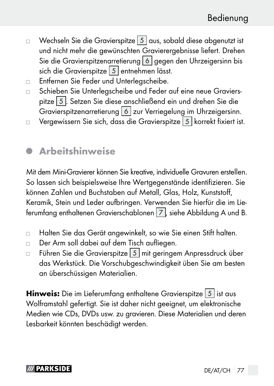 Bedienung, Arbeitshinweise | Parkside PGG 15 B1 User Manual | Page 77 / 83