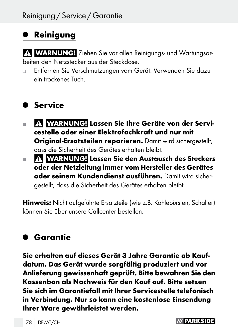 Reinigung, Service, Garantie | Reinigung / service / garantie garantie | Parkside PGG 15 B1 User Manual | Page 78 / 83