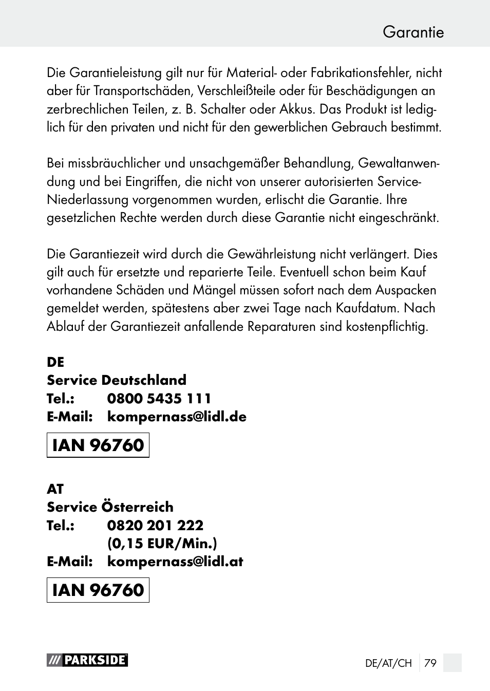 Reinigung / service / garantie | Parkside PGG 15 B1 User Manual | Page 79 / 83