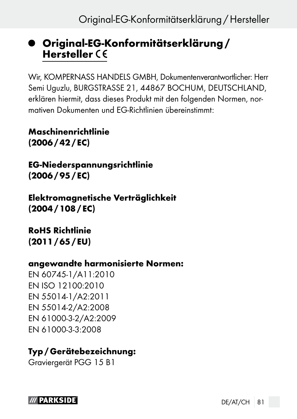 Original-eg-konformitätserklärung / hersteller | Parkside PGG 15 B1 User Manual | Page 81 / 83
