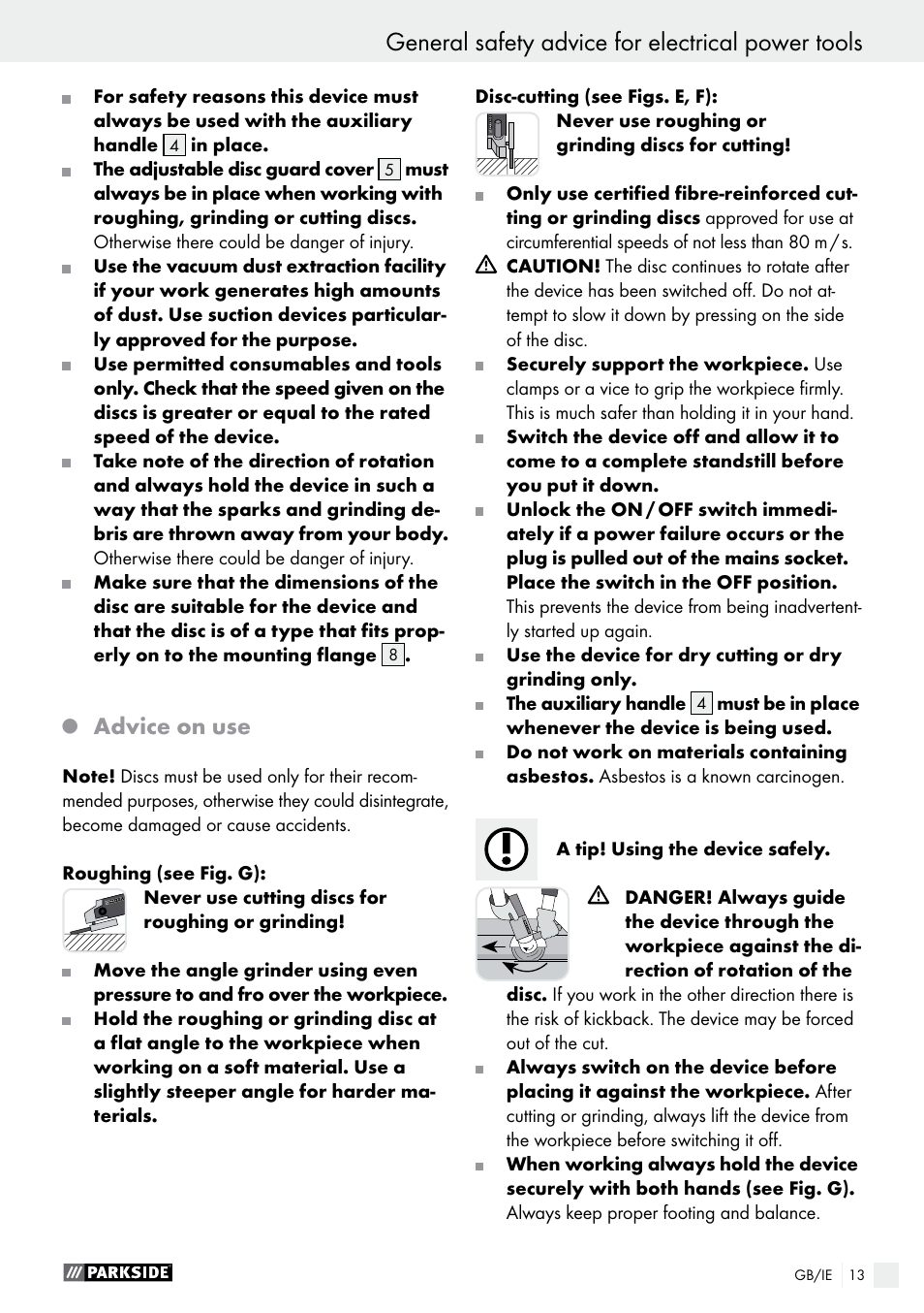 General safety advice for electrical power tools, Advice on use | Parkside PWS 125 A1 User Manual | Page 13 / 108