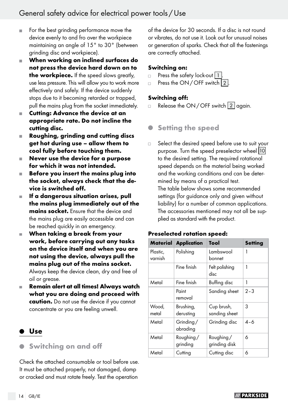 Switching on and off, Setting the speed | Parkside PWS 125 A1 User Manual | Page 14 / 108