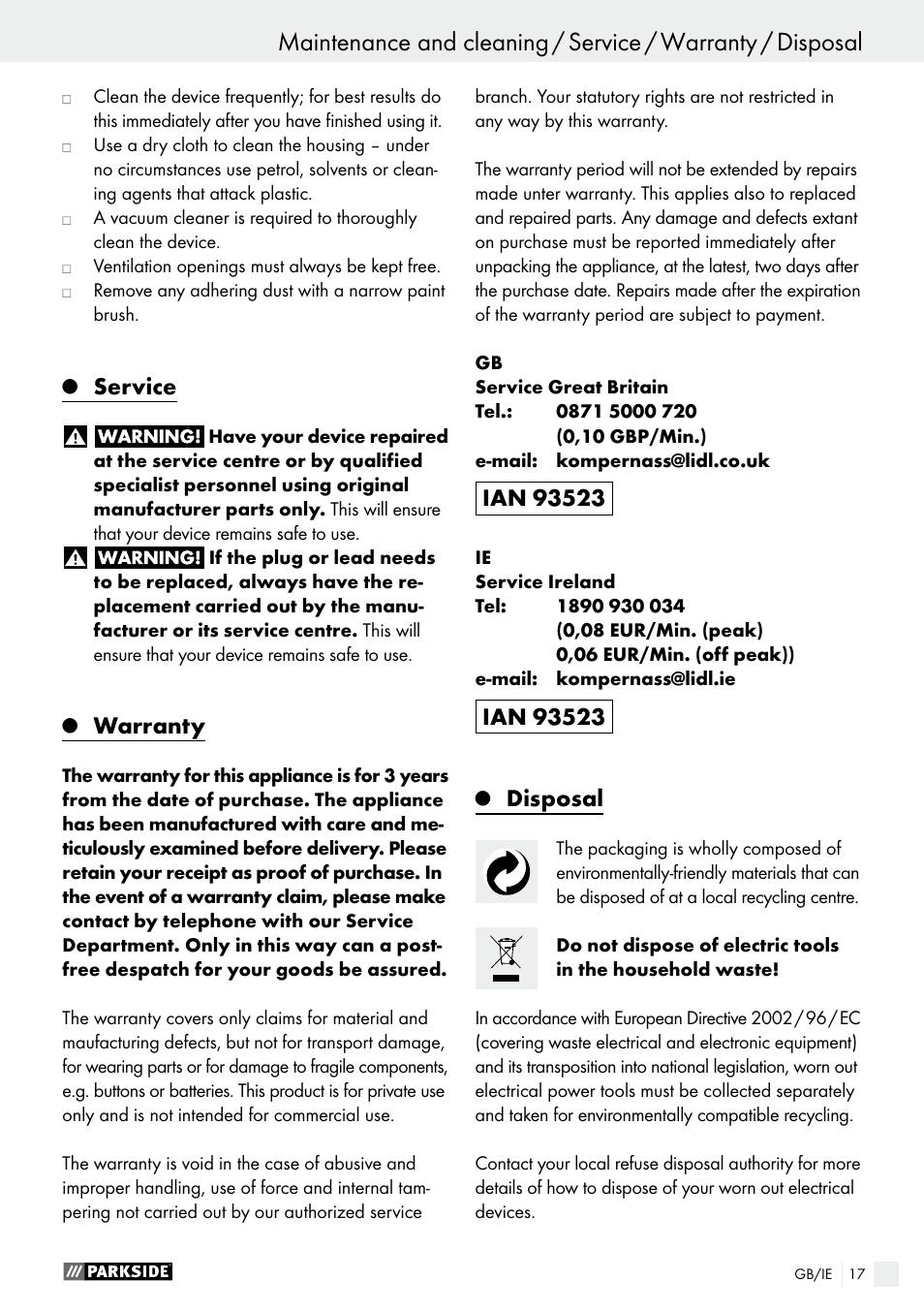 Service, Warranty, Disposal | Parkside PWS 125 A1 User Manual | Page 17 / 108