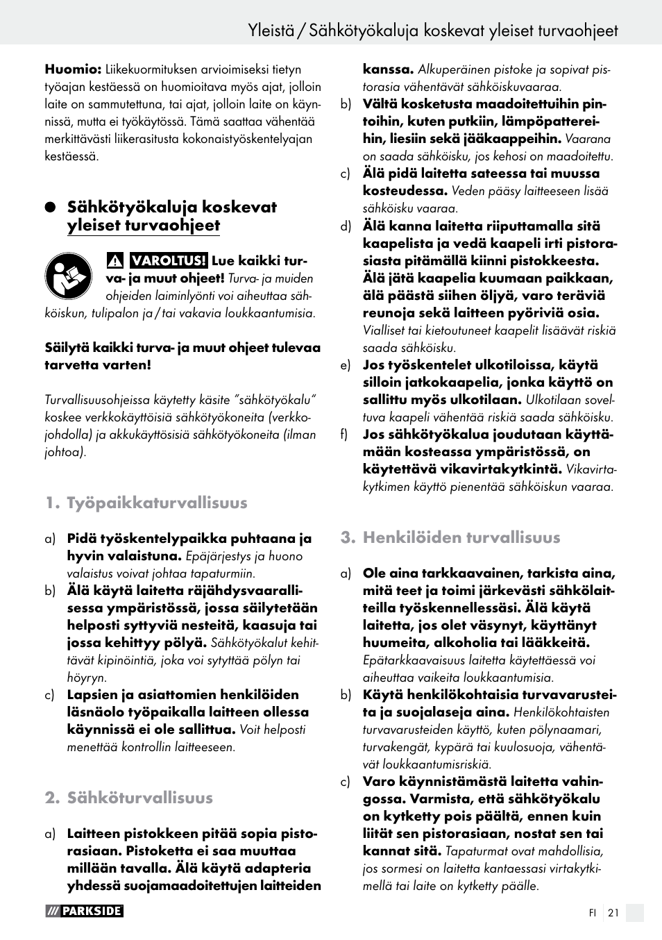 Sähkötyökaluja koskevat yleiset turvaohjeet, Työpaikkaturvallisuus, Sähköturvallisuus | Henkilöiden turvallisuus | Parkside PWS 125 A1 User Manual | Page 21 / 108