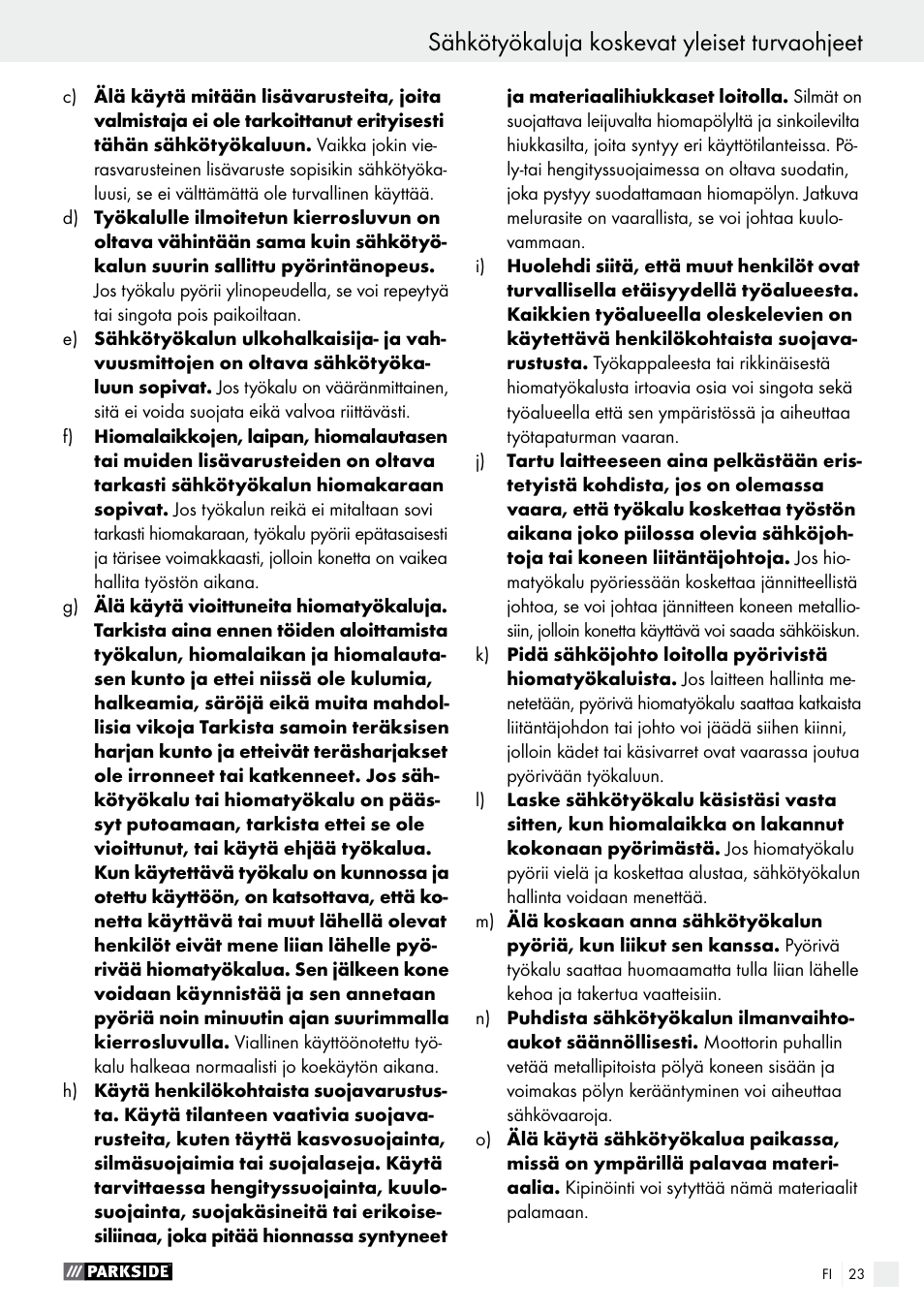 Sähkötyökaluja koskevat yleiset turvaohjeet | Parkside PWS 125 A1 User Manual | Page 23 / 108