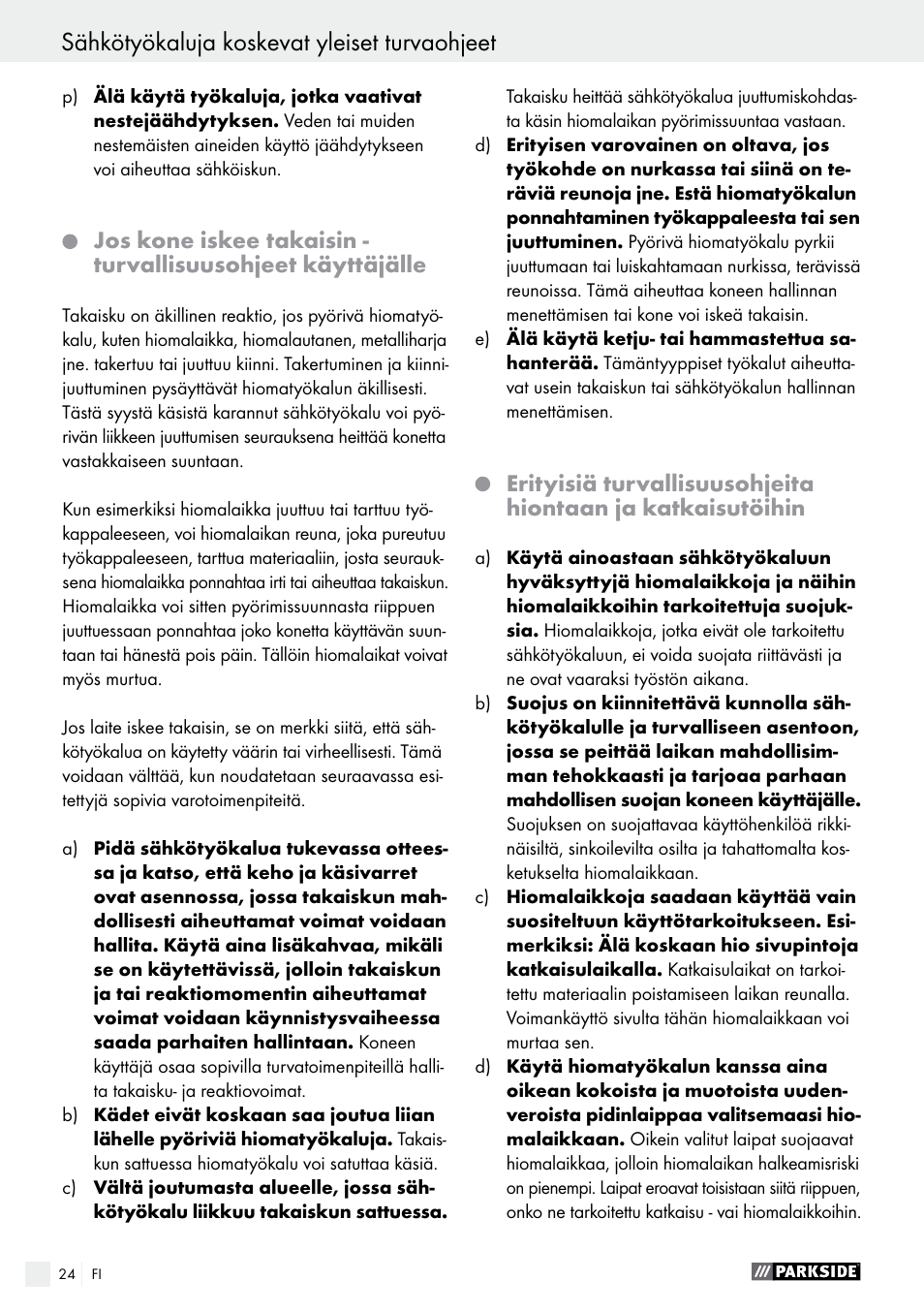 Sähkötyökaluja koskevat yleiset turvaohjeet | Parkside PWS 125 A1 User Manual | Page 24 / 108