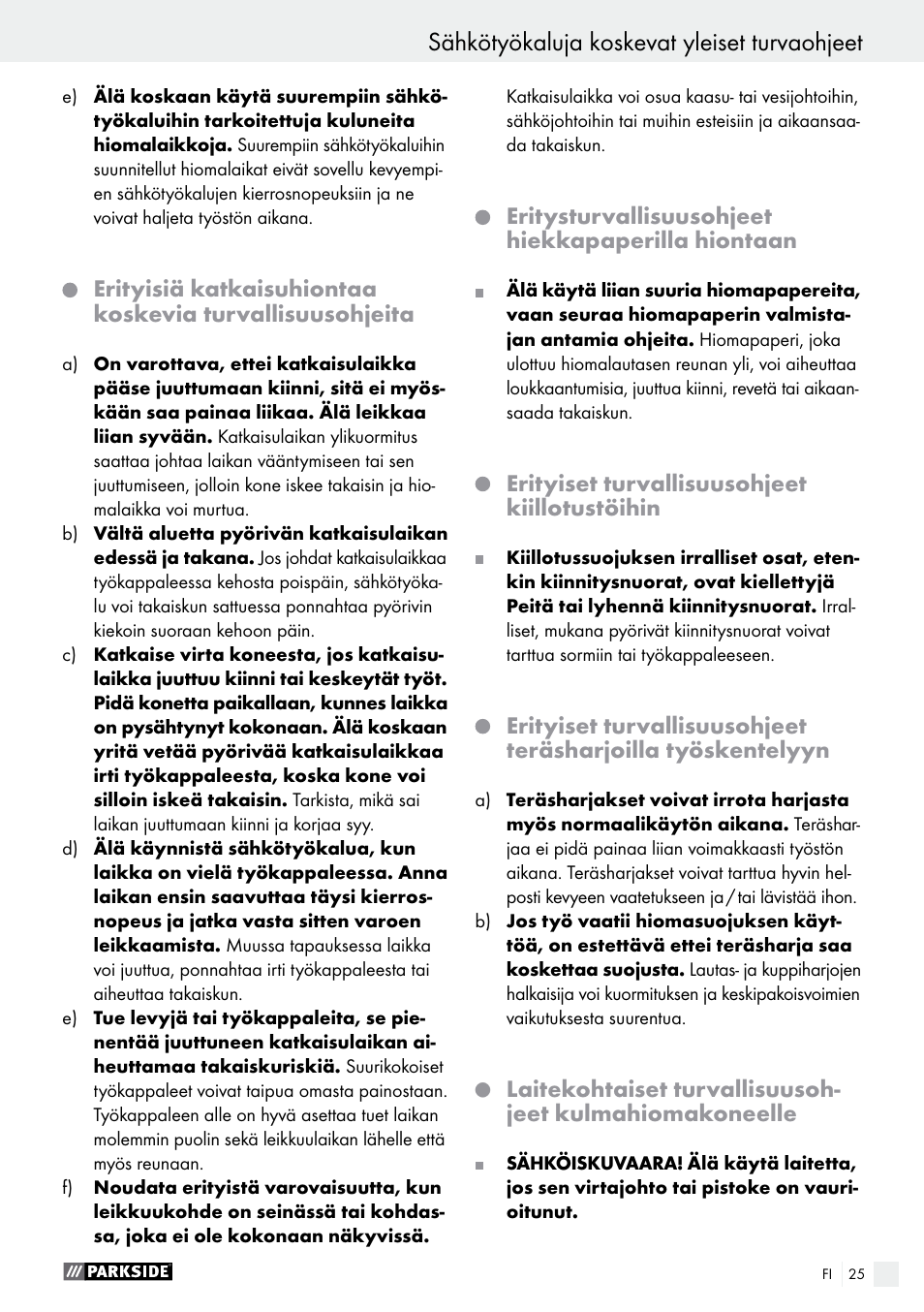 Sähkötyökaluja koskevat yleiset turvaohjeet | Parkside PWS 125 A1 User Manual | Page 25 / 108