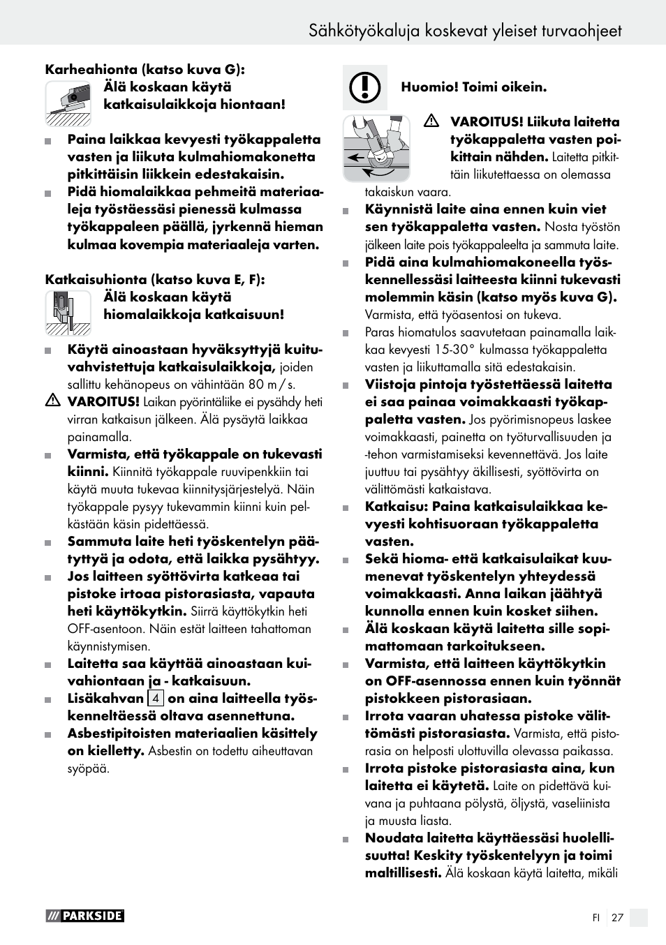 Sähkötyökaluja koskevat yleiset turvaohjeet | Parkside PWS 125 A1 User Manual | Page 27 / 108