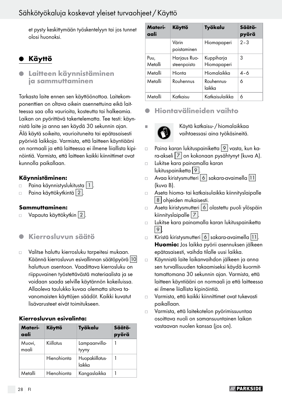 Käyttö, Laitteen käynnistäminen ja sammuttaminen, Kierrosluvun säätö | Hiontavälineiden vaihto | Parkside PWS 125 A1 User Manual | Page 28 / 108