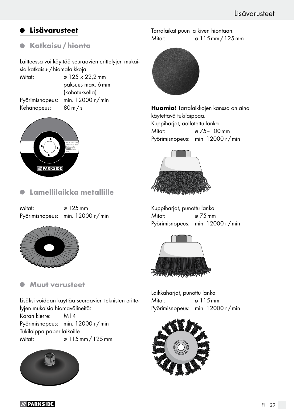 Lisävarusteet, Katkaisu / hionta, Lamellilaikka metallille | Muut varusteet | Parkside PWS 125 A1 User Manual | Page 29 / 108