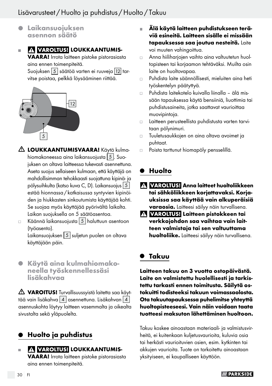 Laikansuojuksen asennon säätö, Huolto ja puhdistus, Huolto | Takuu | Parkside PWS 125 A1 User Manual | Page 30 / 108
