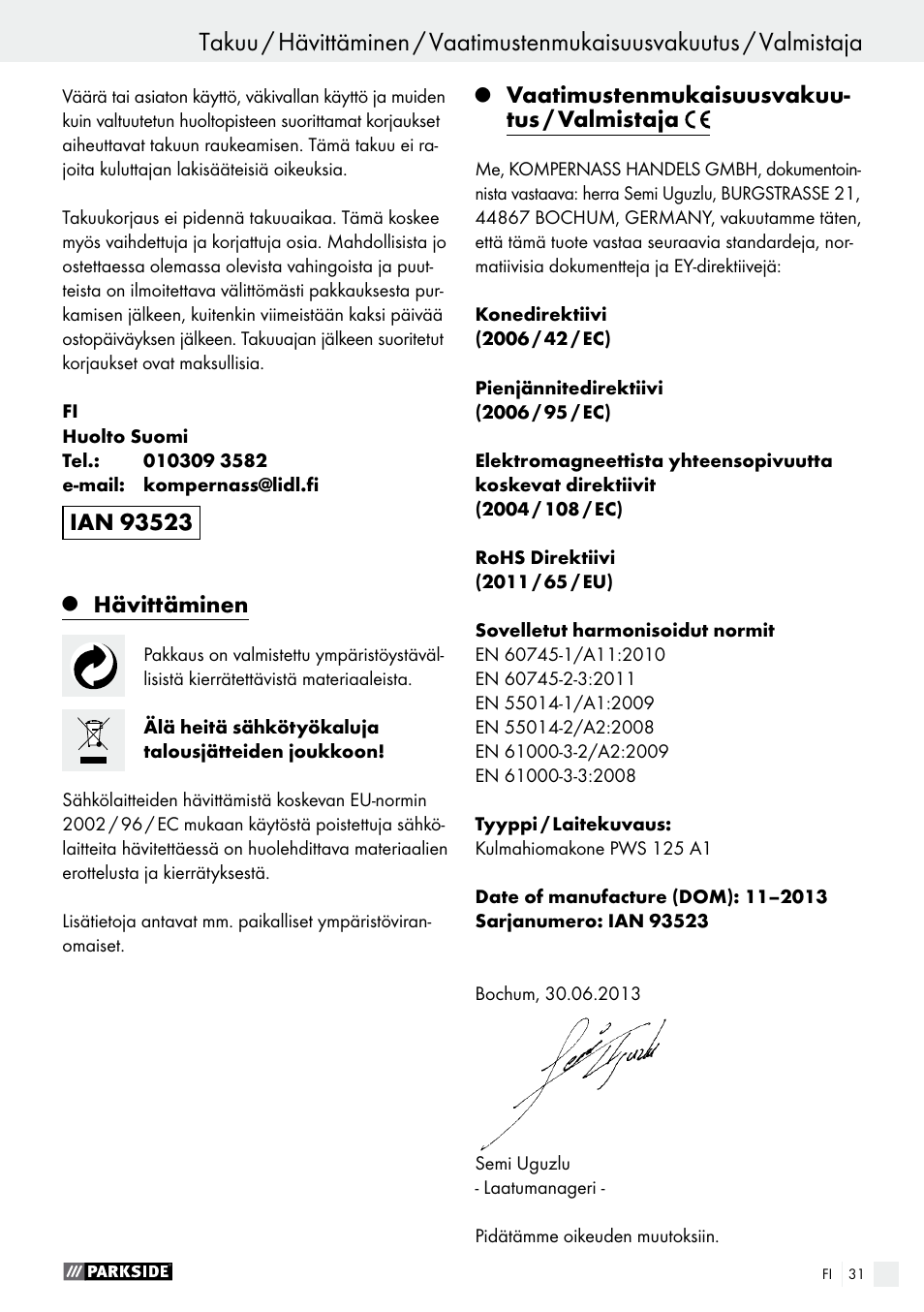 Hävittäminen, Vaatimustenmukaisuusvakuu- tus / valmistaja | Parkside PWS 125 A1 User Manual | Page 31 / 108