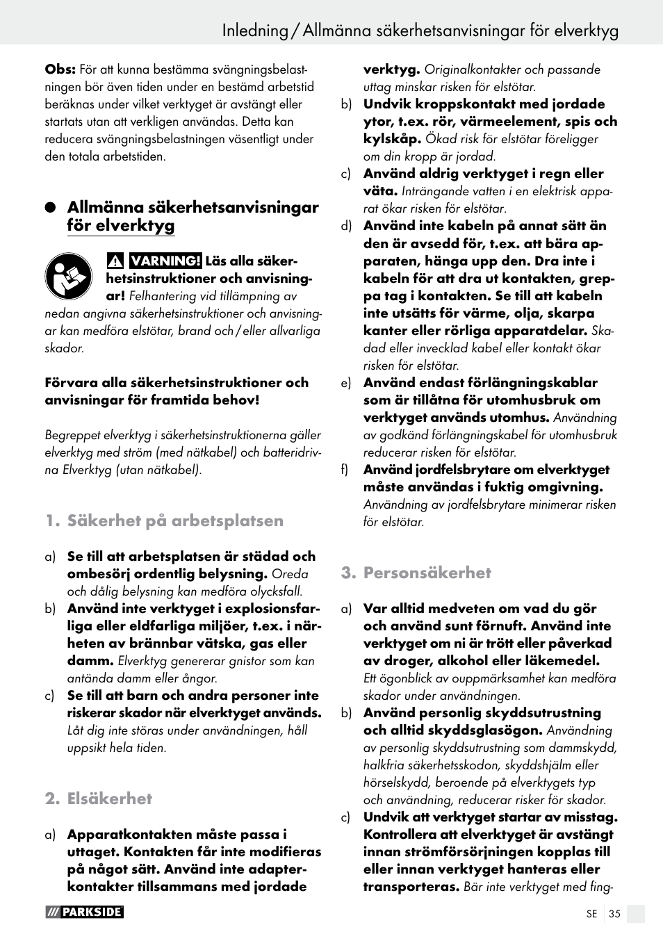 Allmänna säkerhetsanvisningar för elverktyg, Säkerhet på arbetsplatsen, Elsäkerhet | Personsäkerhet | Parkside PWS 125 A1 User Manual | Page 35 / 108