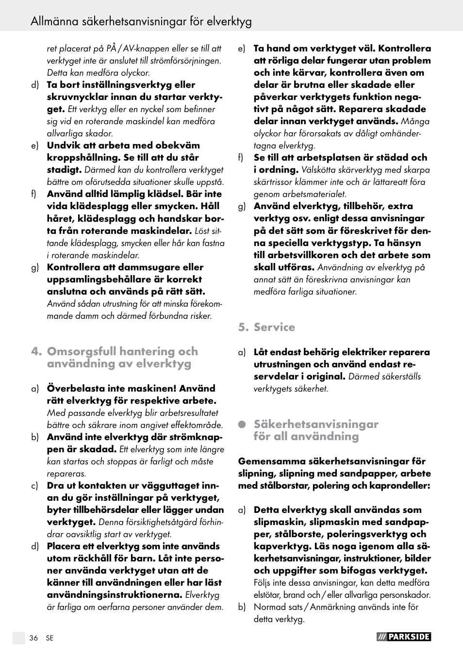 Allmänna säkerhetsanvisningar för elverktyg | Parkside PWS 125 A1 User Manual | Page 36 / 108