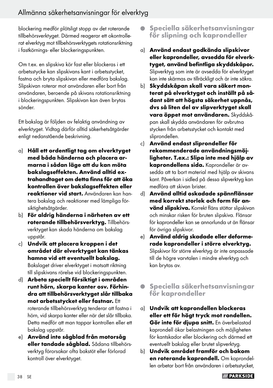 Allmänna säkerhetsanvisningar för elverktyg | Parkside PWS 125 A1 User Manual | Page 38 / 108