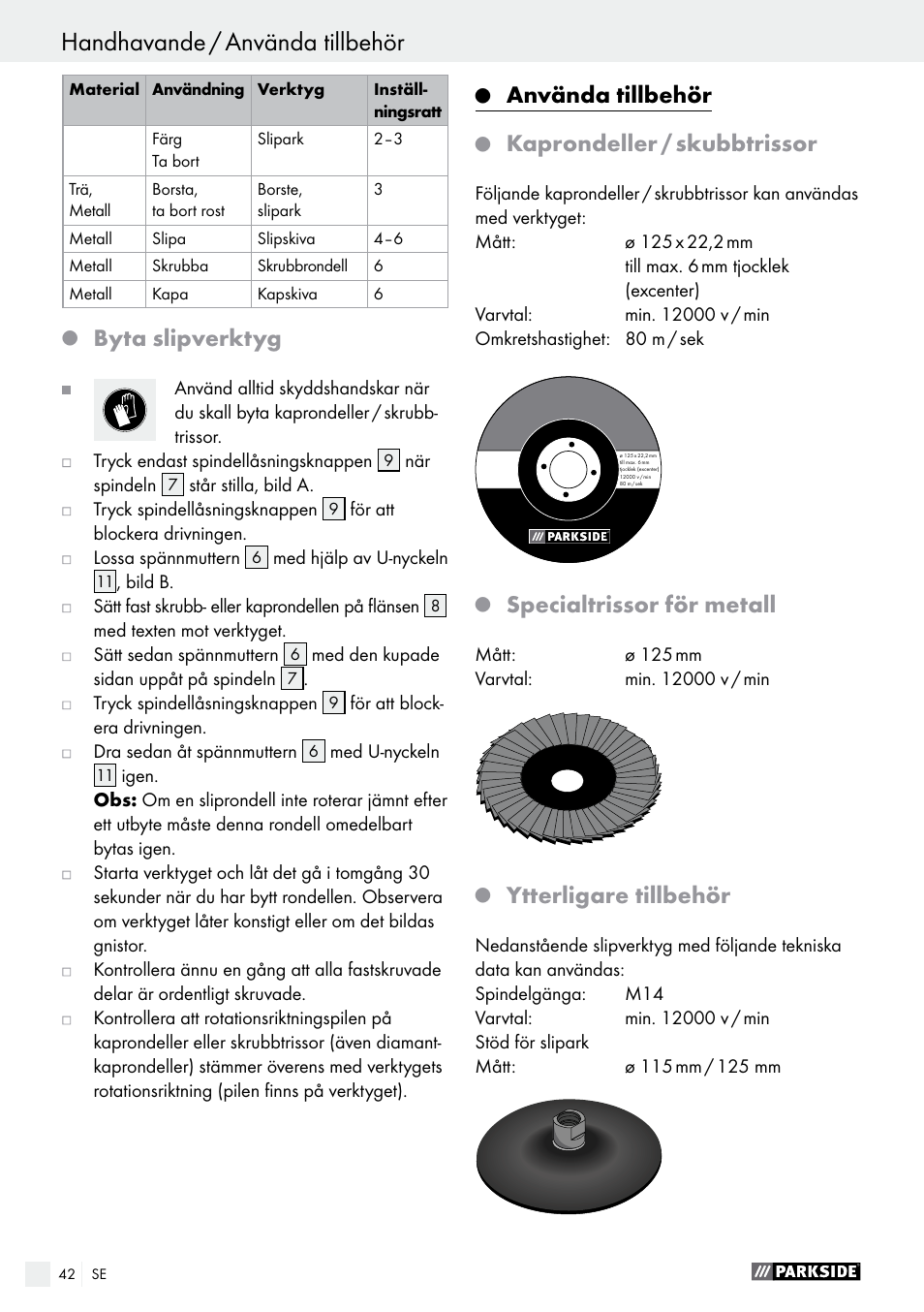 Byta slipverktyg, Använda tillbehör, Kaprondeller / skubbtrissor | Specialtrissor för metall, Ytterligare tillbehör | Parkside PWS 125 A1 User Manual | Page 42 / 108