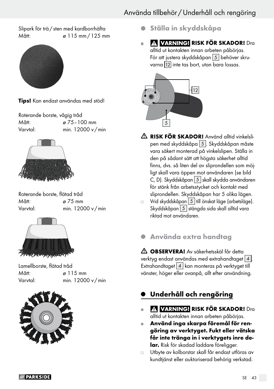 Ställa in skyddskåpa, Använda extra handtag, Underhåll och rengöring | Parkside PWS 125 A1 User Manual | Page 43 / 108