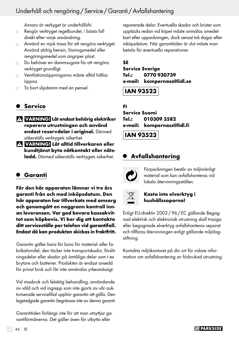 Service, Garanti, Avfallshantering | Parkside PWS 125 A1 User Manual | Page 44 / 108