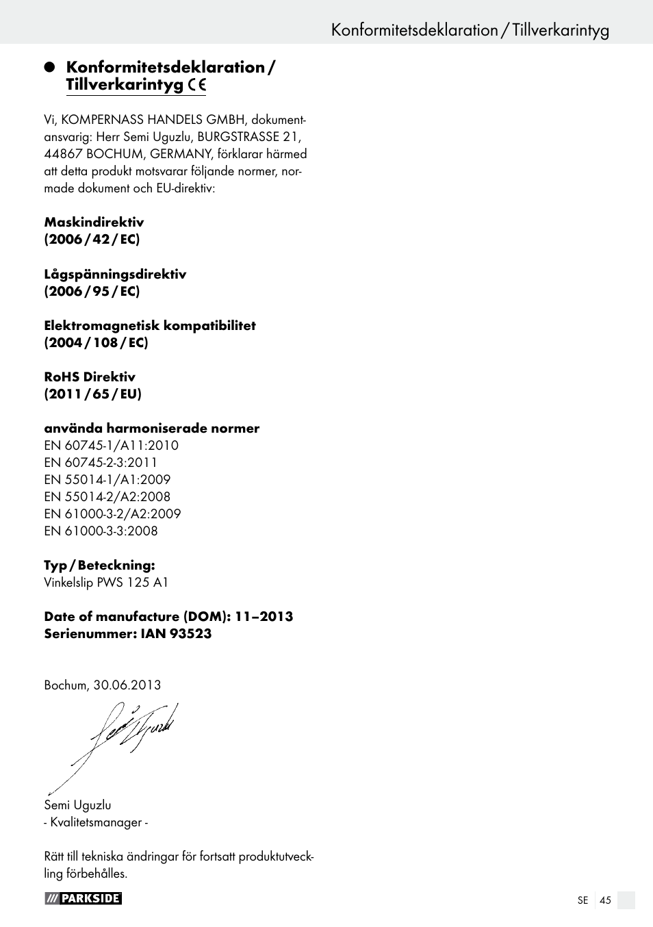 Parkside PWS 125 A1 User Manual | Page 45 / 108
