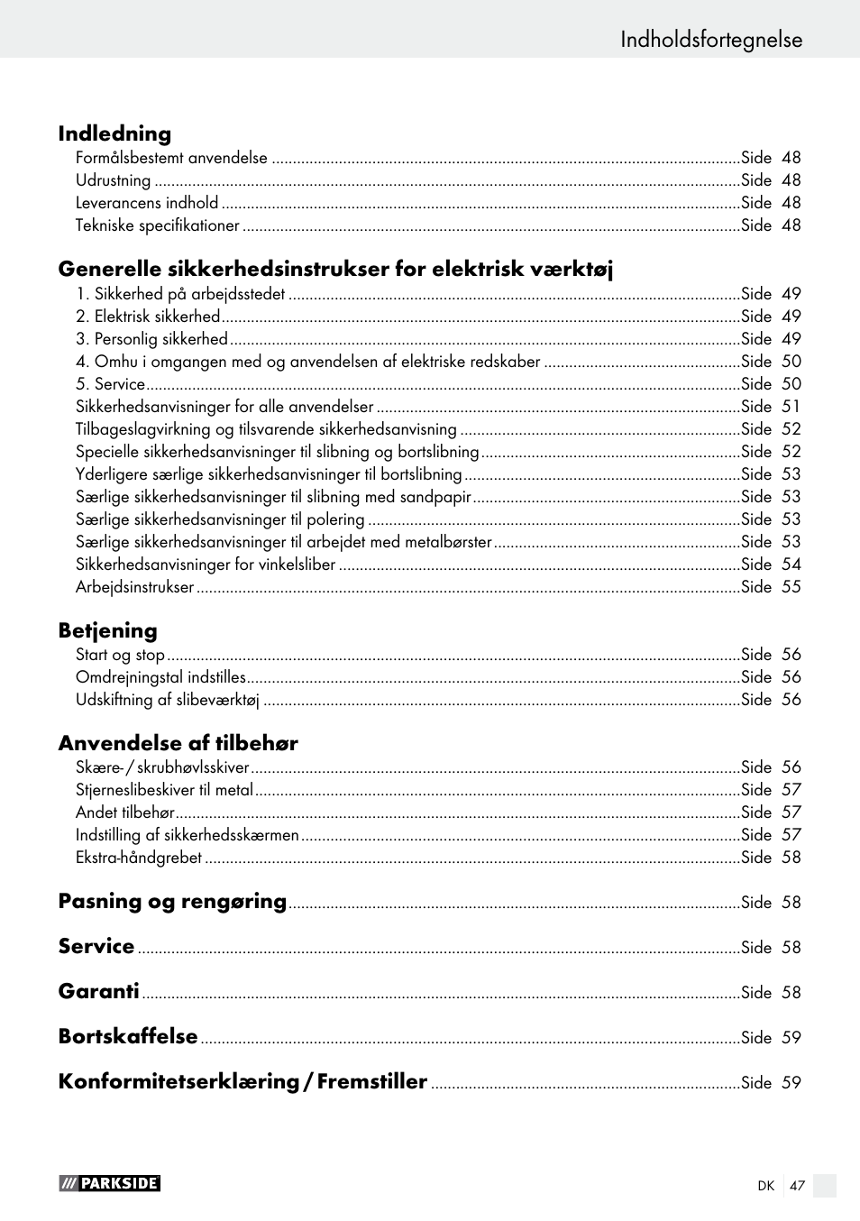 Indholdsfortegnelse | Parkside PWS 125 A1 User Manual | Page 47 / 108