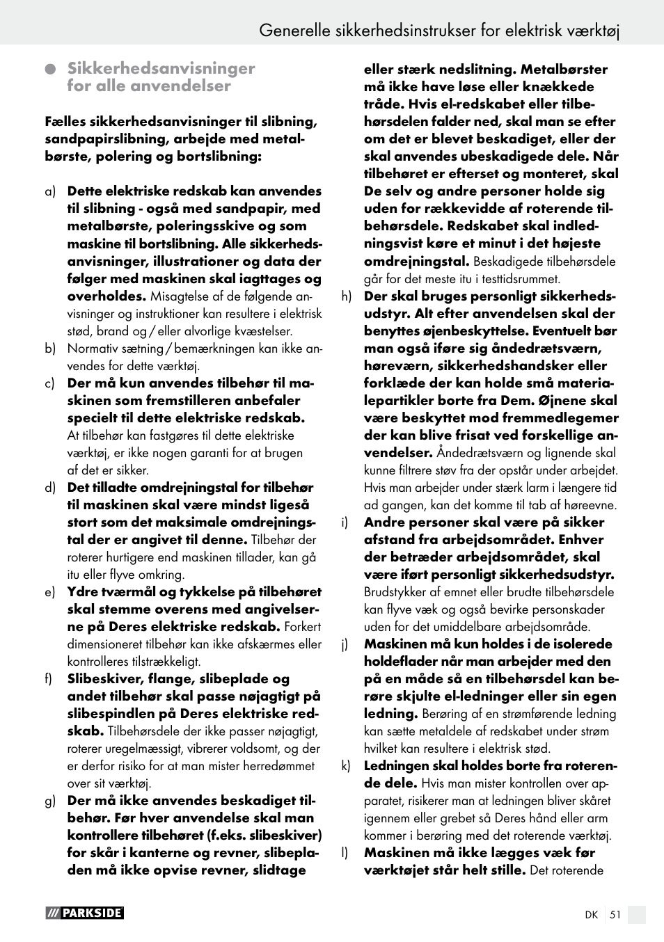 Sikkerhedsanvisninger for alle anvendelser | Parkside PWS 125 A1 User Manual | Page 51 / 108