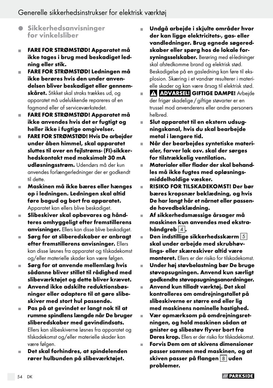 Sikkerhedsanvisninger for vinkelsliber | Parkside PWS 125 A1 User Manual | Page 54 / 108