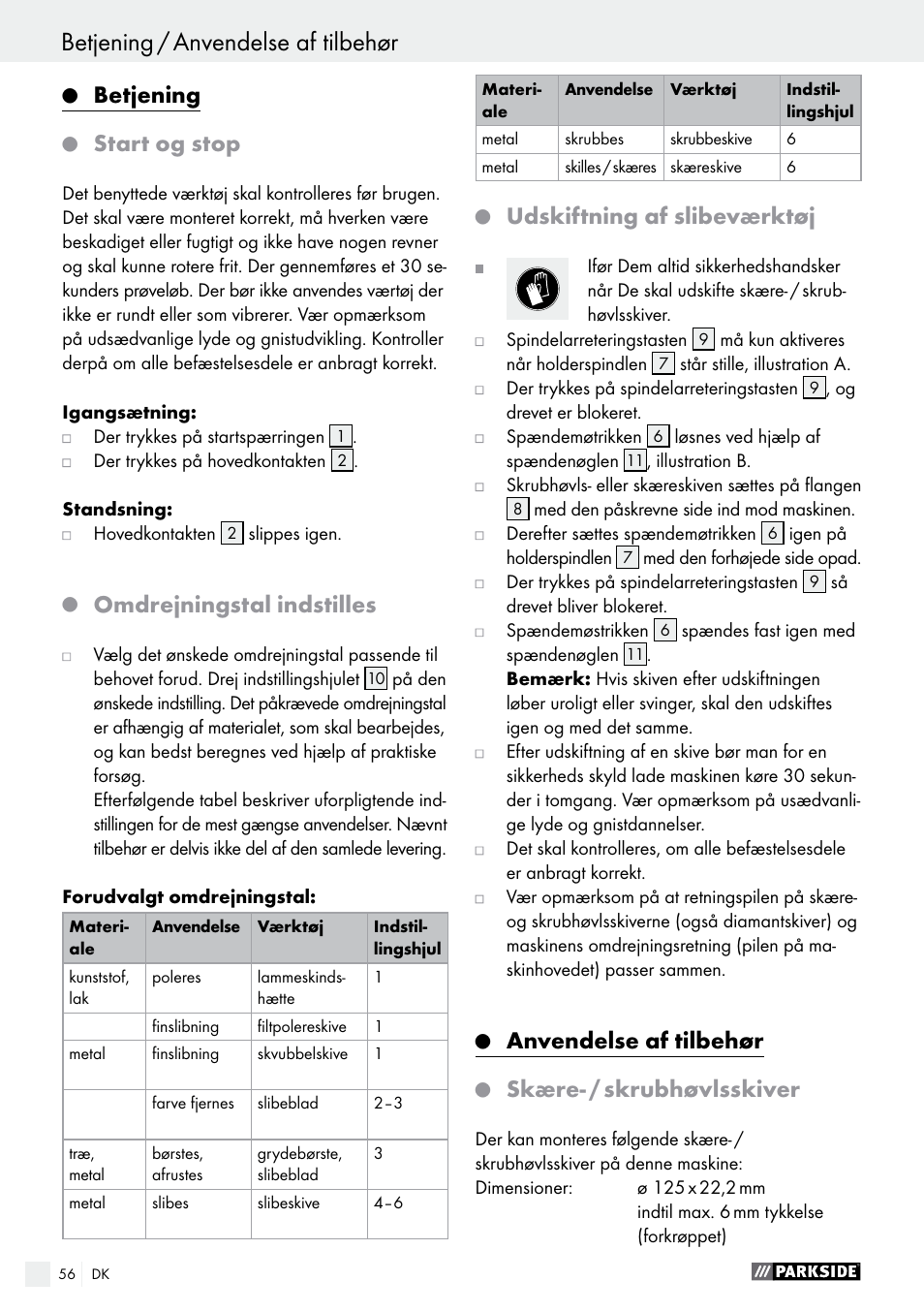 Betjening, Start og stop, Omdrejningstal indstilles | Udskiftning af slibeværktøj, Anvendelse af tilbehør, Skære- / skrubhøvlsskiver | Parkside PWS 125 A1 User Manual | Page 56 / 108