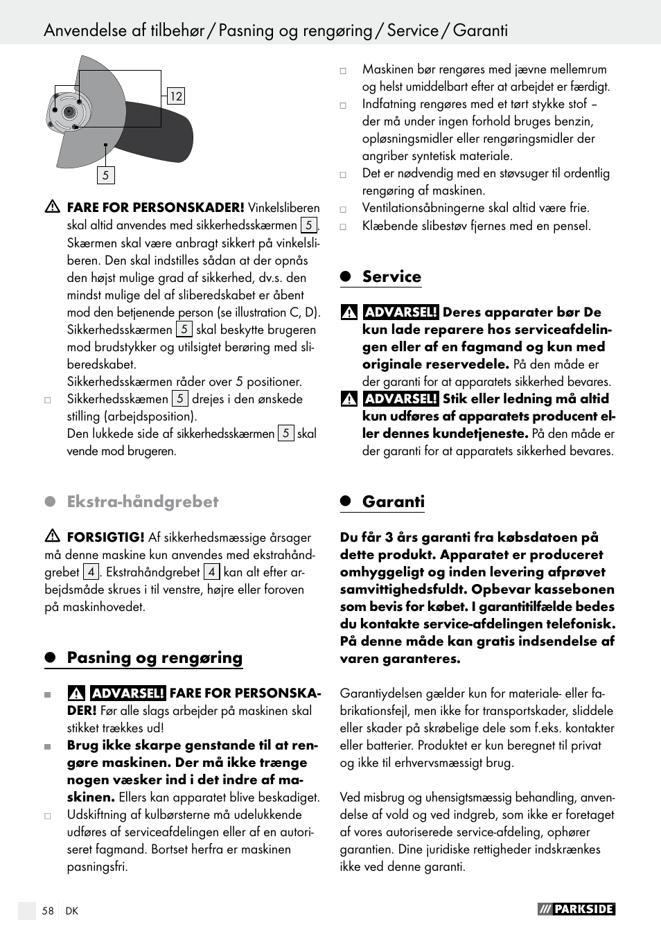 Ekstra-håndgrebet, Pasning og rengøring, Service | Garanti | Parkside PWS 125 A1 User Manual | Page 58 / 108