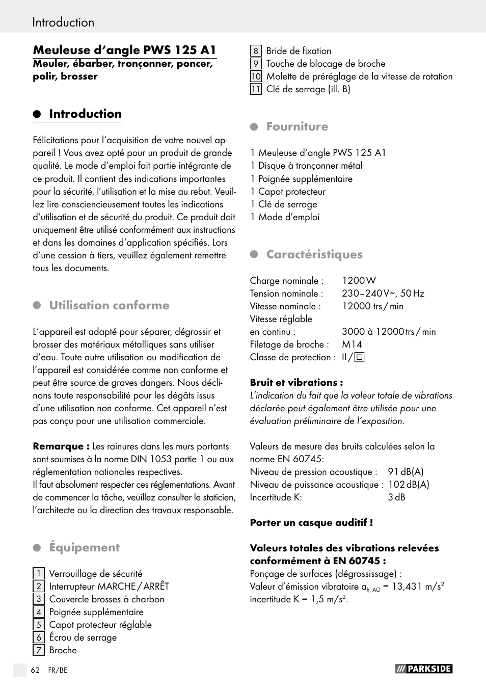 Meuleuse d‘angle pws 125 a1, Introduction, Utilisation conforme | Équipement, Fourniture, Caractéristiques | Parkside PWS 125 A1 User Manual | Page 62 / 108