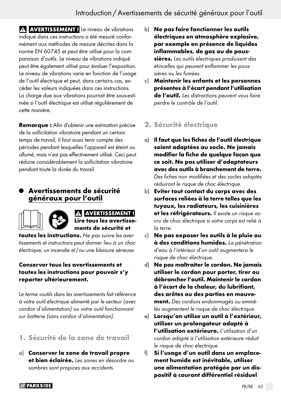 Avertissements de sécurité généraux pour l’outil, Sécurité de la zone de travail, Sécurité électrique | Parkside PWS 125 A1 User Manual | Page 63 / 108